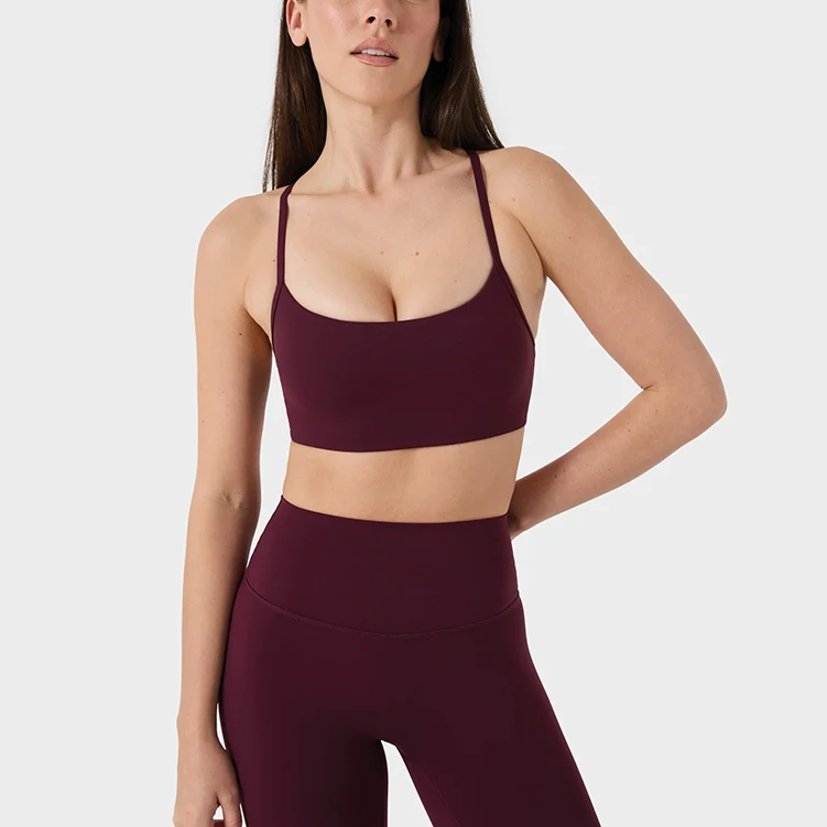 Custom Logo Women Square Neck Solid Sports Bra Thin Spaghetti Y Back Lightweight Breathable Removable Pads Workout Yoga Top