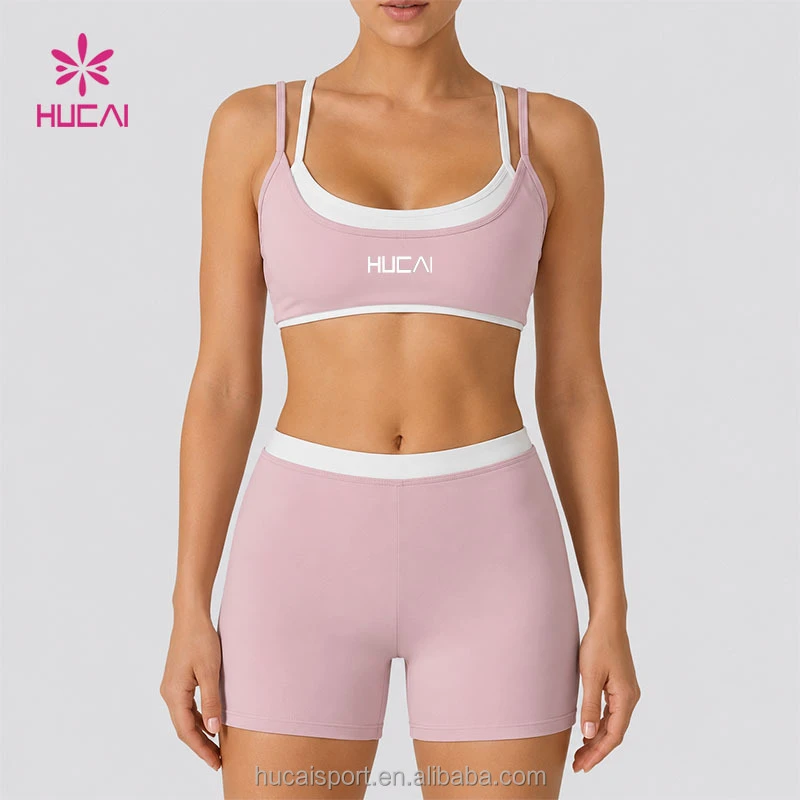 ODM HUCAI Custom Logo Double Layer Contrast Straps Striped Color Blocking Sports Bra High Waisted Workout Shorts Women Yoga Set