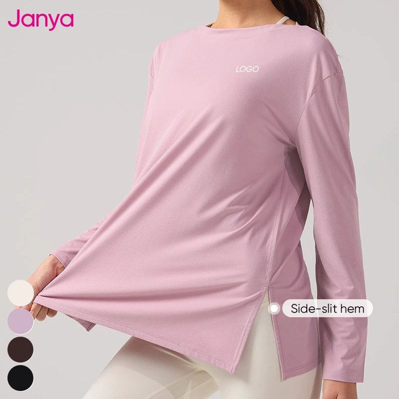 Janya 2026 Nude Feel Soft Elastic Breathable Boat Collar Long Sleeve Fitness Gym Tee Loose Workout Yoga Sports Shirts for Women