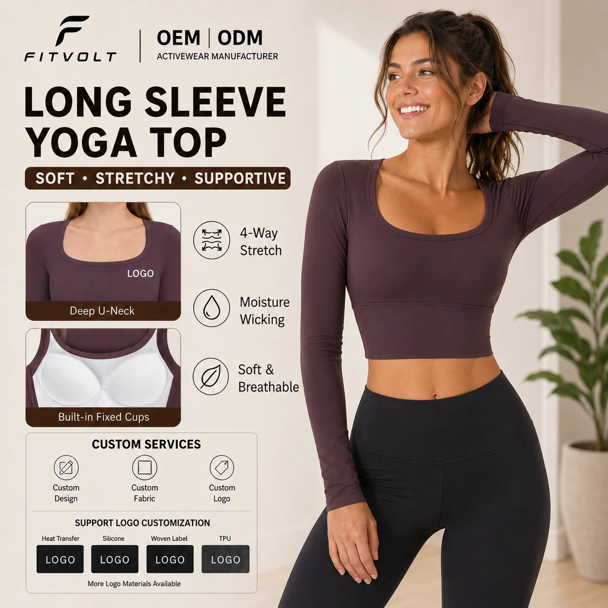 FITVOLT Wholesale Custom Front Women Seamless Breathable Long Sleeve Yoga Regular Tops Fall Winter U Neck Shirts Gym Pilates