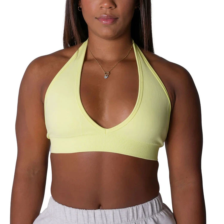 Custom Logo Women Sport Neck Strap Compression Crop Pilates Removable Padding Sexy Gym Deep V Neckline Yoga Bra Soft Sculpt Top