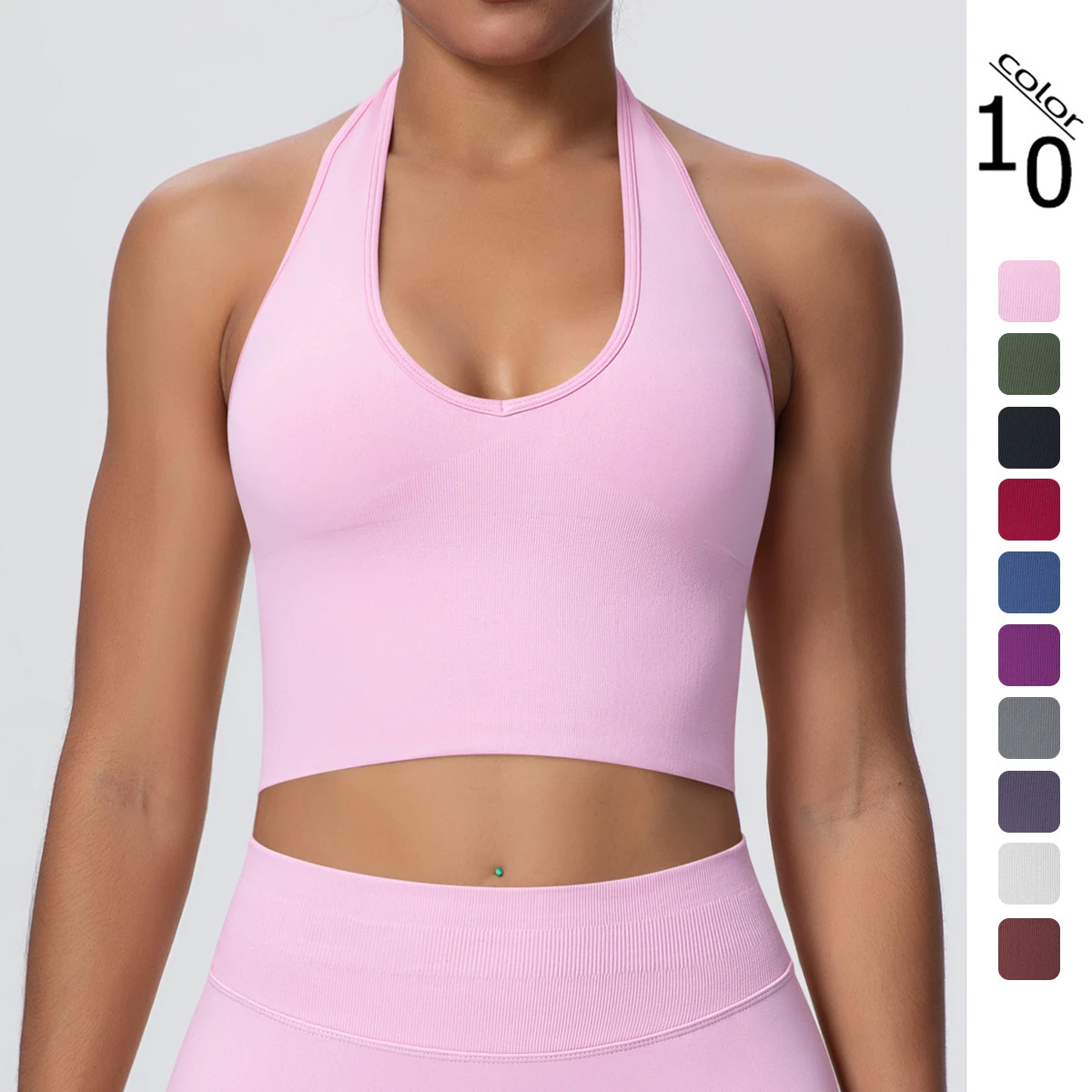 Women's Adult Custom Logo Breathable Halter Neck Backless High Support Spandex/Nylon Yoga Bra Seamless Fitness