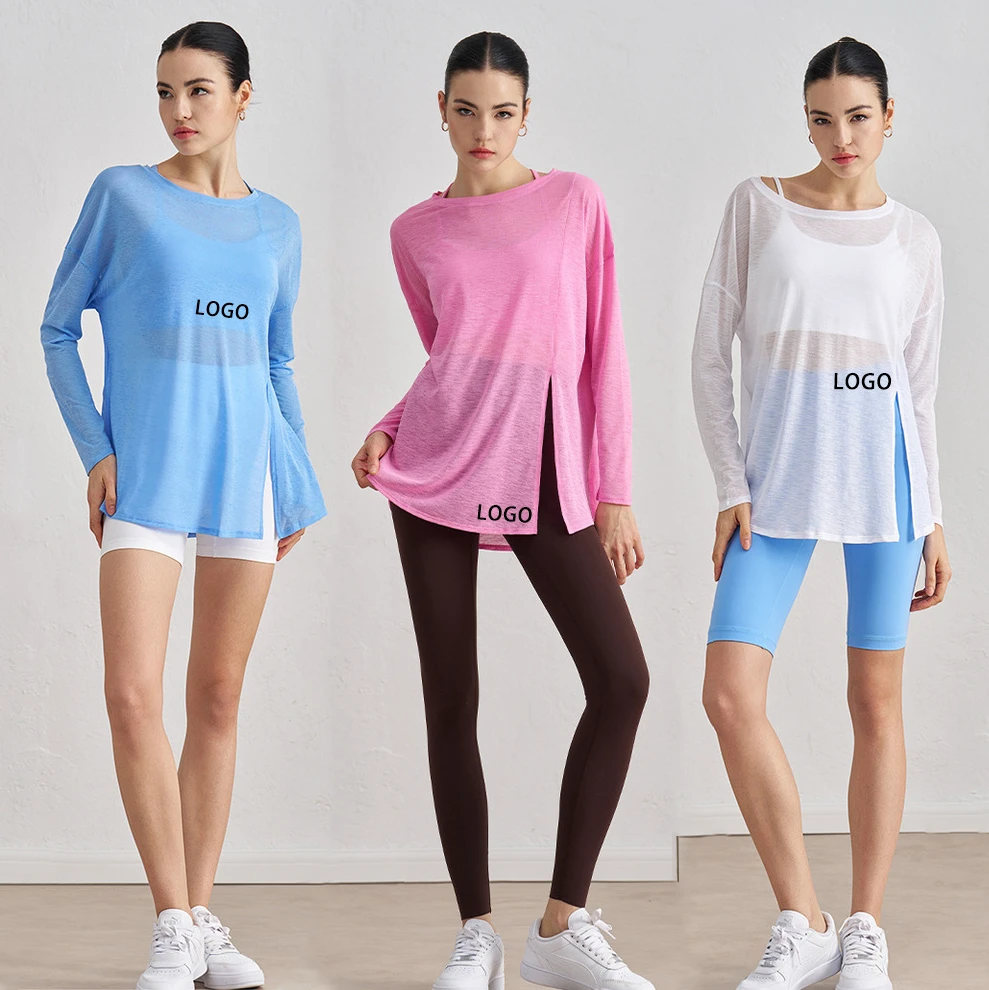 New Breathable Women's Yoga Top Long Sleeves Slimming Sports Fitness Cover-Up Loose Light Yoga Wear Slit Design Adults