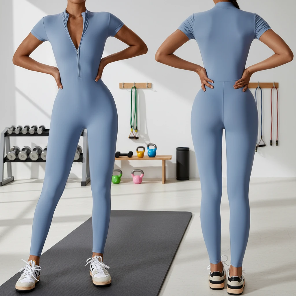 Custom LOGO Women's Sports Bodysuit & Jumpsuit Half Zip Yoga Fitness Athletic Apparel One Piece Sports Legging Rompers