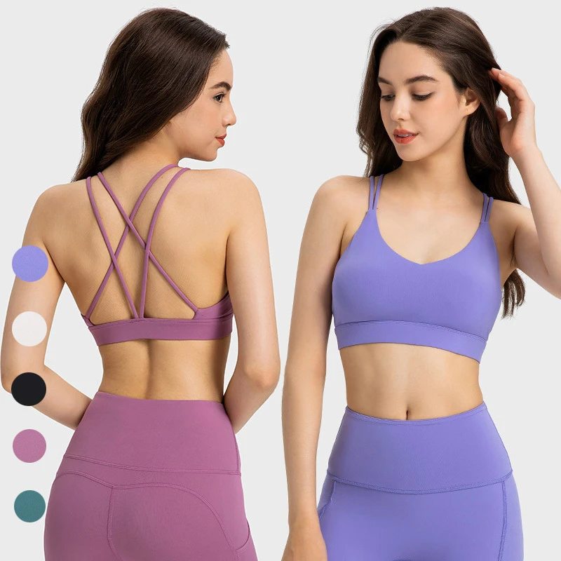 SHINBENE Back Padded Medium Support Wireless Strappy Fitness Bra Sexy V Neck Workout Yoga Bras