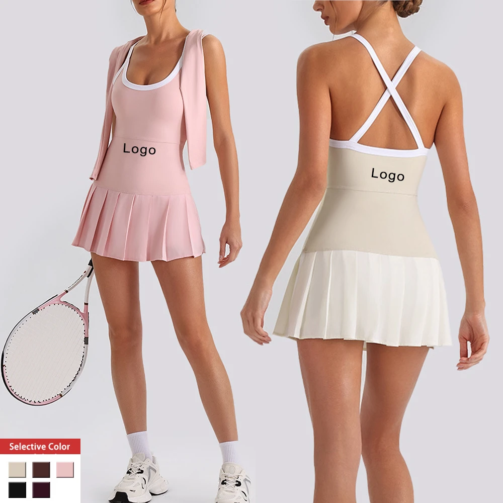 Pleated Seamless One-Piece Yoga Suit Women Built-In Padded Bra High-Stretch Sweat-Wicking Sports Tennis Skirt Fitness Golf Dress