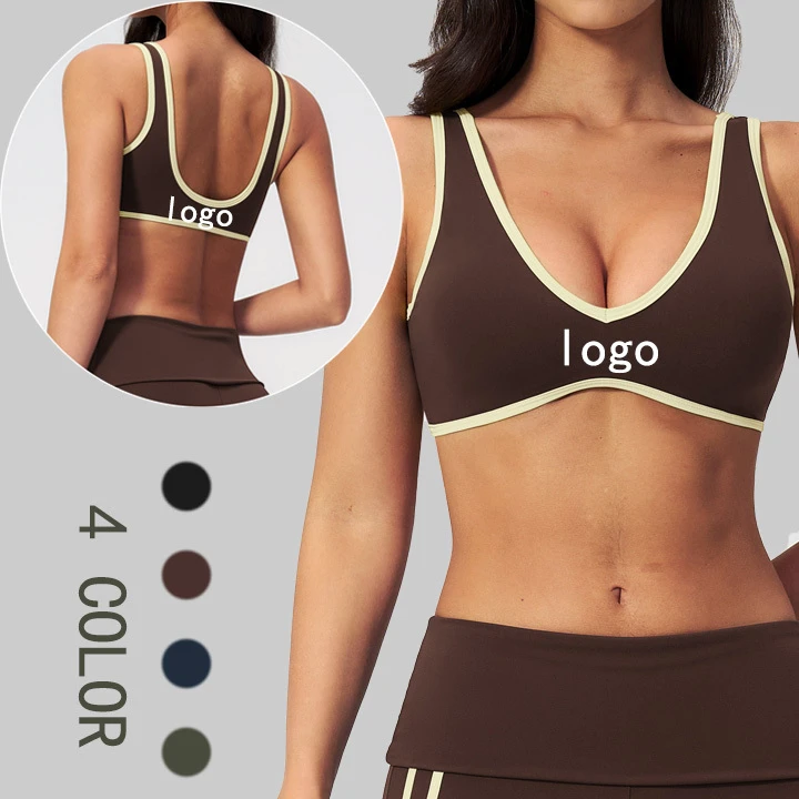 Contrast Color Gym Bra for Women High Support Removable Padded U Back Fitness Bra V Neck Backless Sports Bra