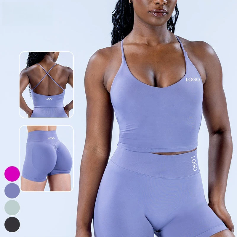 Women's Seamless Cross Breathable Quick Dry Solid Fitness Sport Halter Tank Top Gym Running Yoga Top with Custom Logo