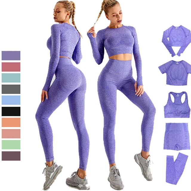 Gym Fitness Clothing Sets Sportswear Outfits High Waist Quick Dry 5 Pieces Butter Soft Ribbed Seamless Yoga Set