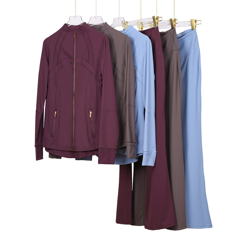Custom Womens High Stretch Breathable Solid Color Zipper Sports Set Hooded Jacket And Flared Trousers Two Piece Yoga Set