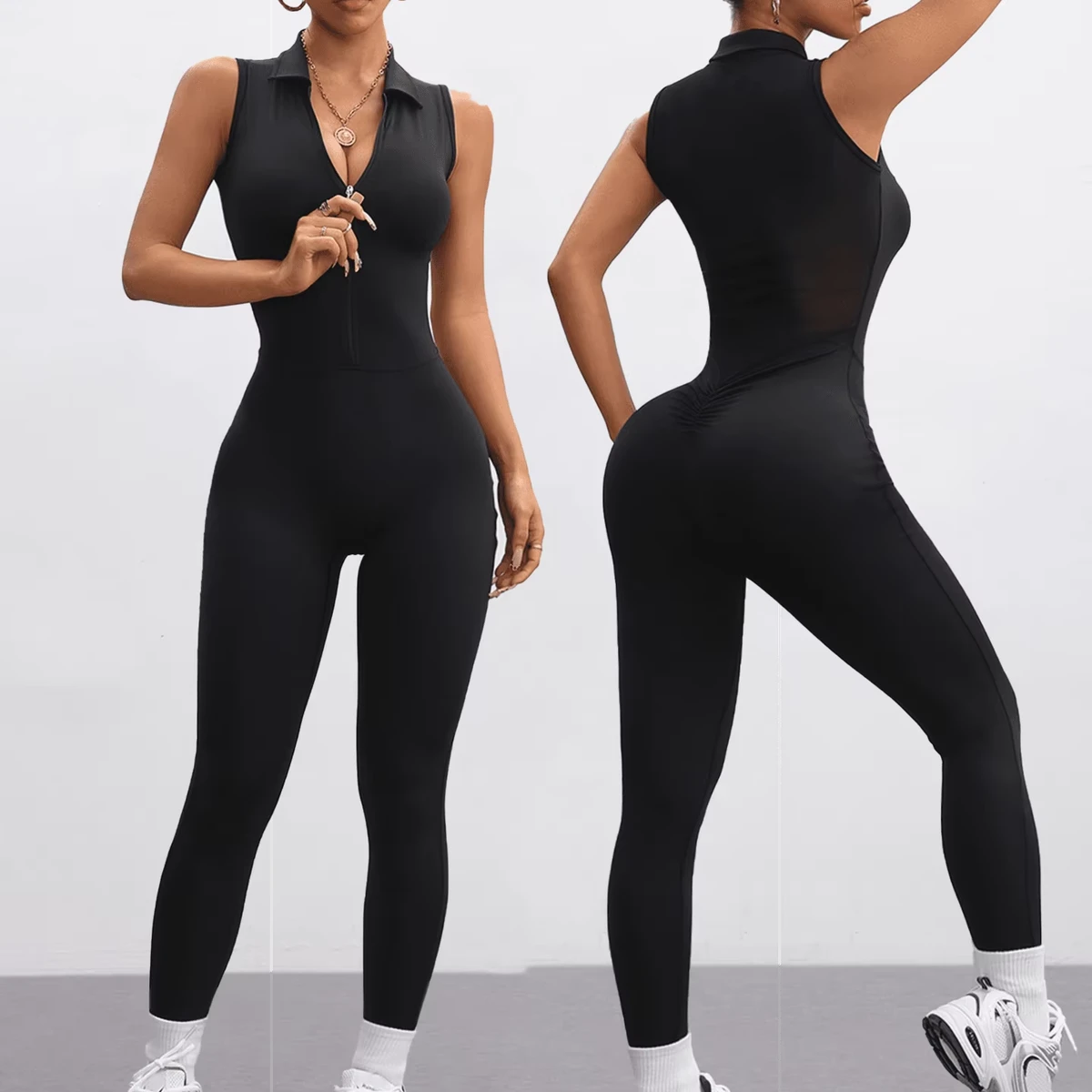 New Arrival Custom Women's Half-zip Jumpsuit Sleeveless Stretchy Gym Outfits Lightweight Fitness Bodysuit with Back Hollow Mesh
