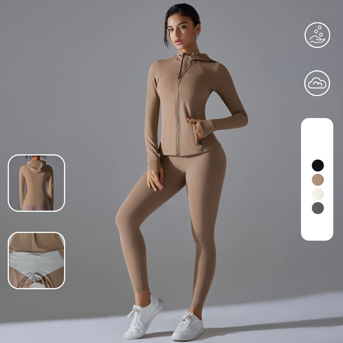 Women Full Zip Hooded Yoga Suit Two Piece Set With Built in Underwear Anti Bacterial Compression Workout Outfit