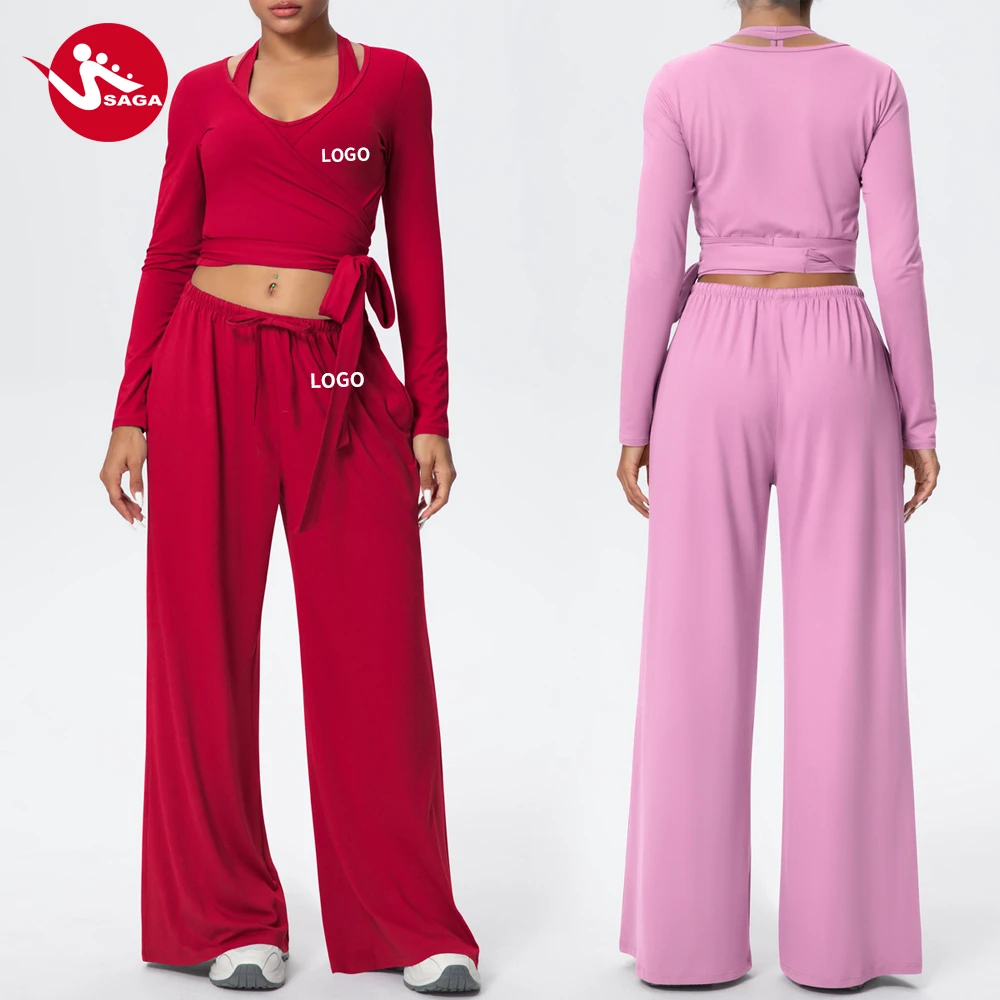 Ballet core Private Label 2 Piece Yoga Set Women Faux Two Piece Long Sleeve Top and Leggings Set Gym Fitness Workout Suit