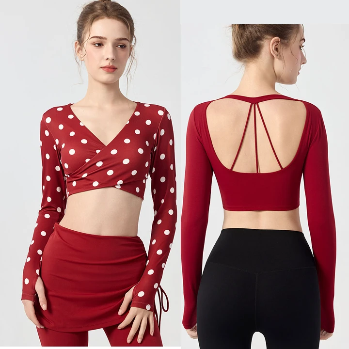 Women Cross Back Breathable Quick Dry Workout Sports Wear Long Sleeves Athletic Fitness Dots Top High Elastic Female Crop Top