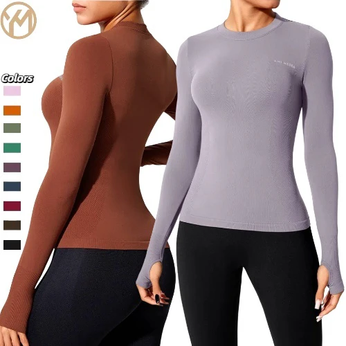 Women Round Neck Long Sleeves Yoga Top Lady Waist Cinching High Stretch Sport Outwear Women's Quick Drying Slim Workout Clothes