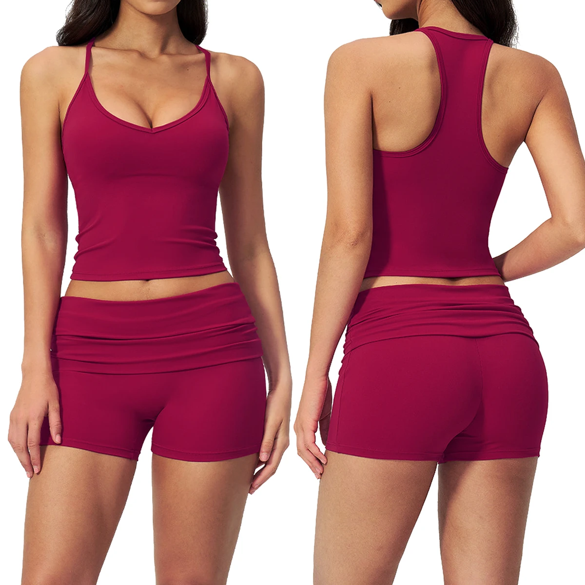 Brushed Breathable Lightweight Yoga Set with Strappy Back High-End Sports Bra & Shorts Solid Pattern for Running & Fitness