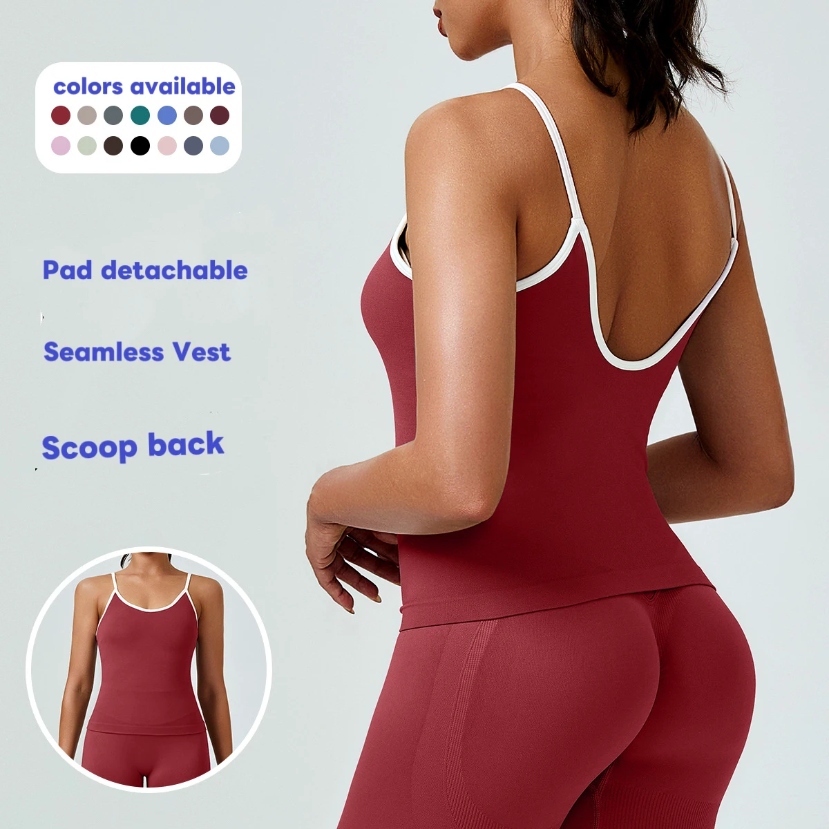 Women's Sportswear Seamless Contrast Color Thin String Deep Scoop Back Body Fit Yoga Outdoor Vest Tank Top Ropa Deportiva Mujer
