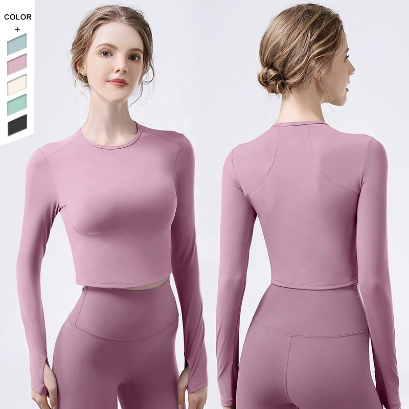 New Fashion Women's Round Neck Seamless Thumb Yoga Long Sleeve T-shirt Quick Dry Anti Pilling Breathable Sweat Wicking Yoga Top