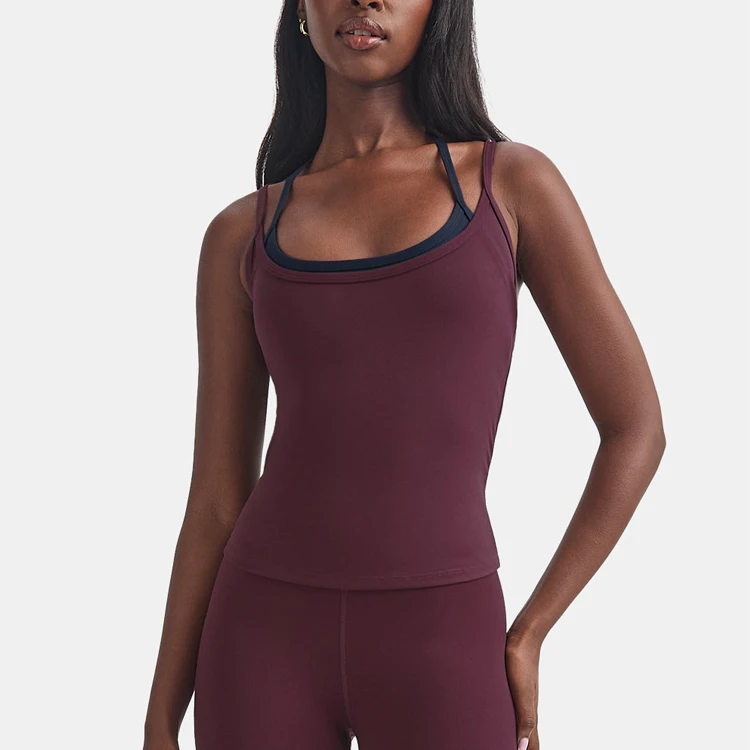 Wholesale Women Fitness Scoop Neck Breathable Lightweight Four-Way Stretch Quick Dry Spandex/Nylon Tank Top Double Layer Yoga