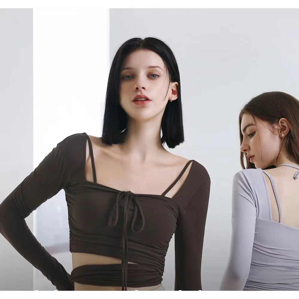 Custom New-Style Breathable Spandex/Cotton Pleated Waist-Cinching Yoga Wear Womens Running Casual Fitness Long-Sleeve Pilates