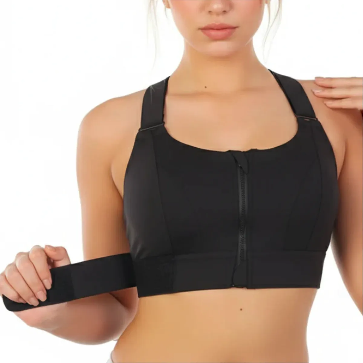 Mawra Black Front Zip Sports Bra High Support Seamless Square Neck Workout Yoga Wear Women's Activewear Sports Bra For Women