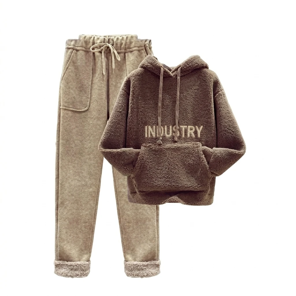 2026 Winter Thick Cotton Polyester Hooded Embroidered Velvet Sweater Wide Leg Pants Casual Two Piece Set