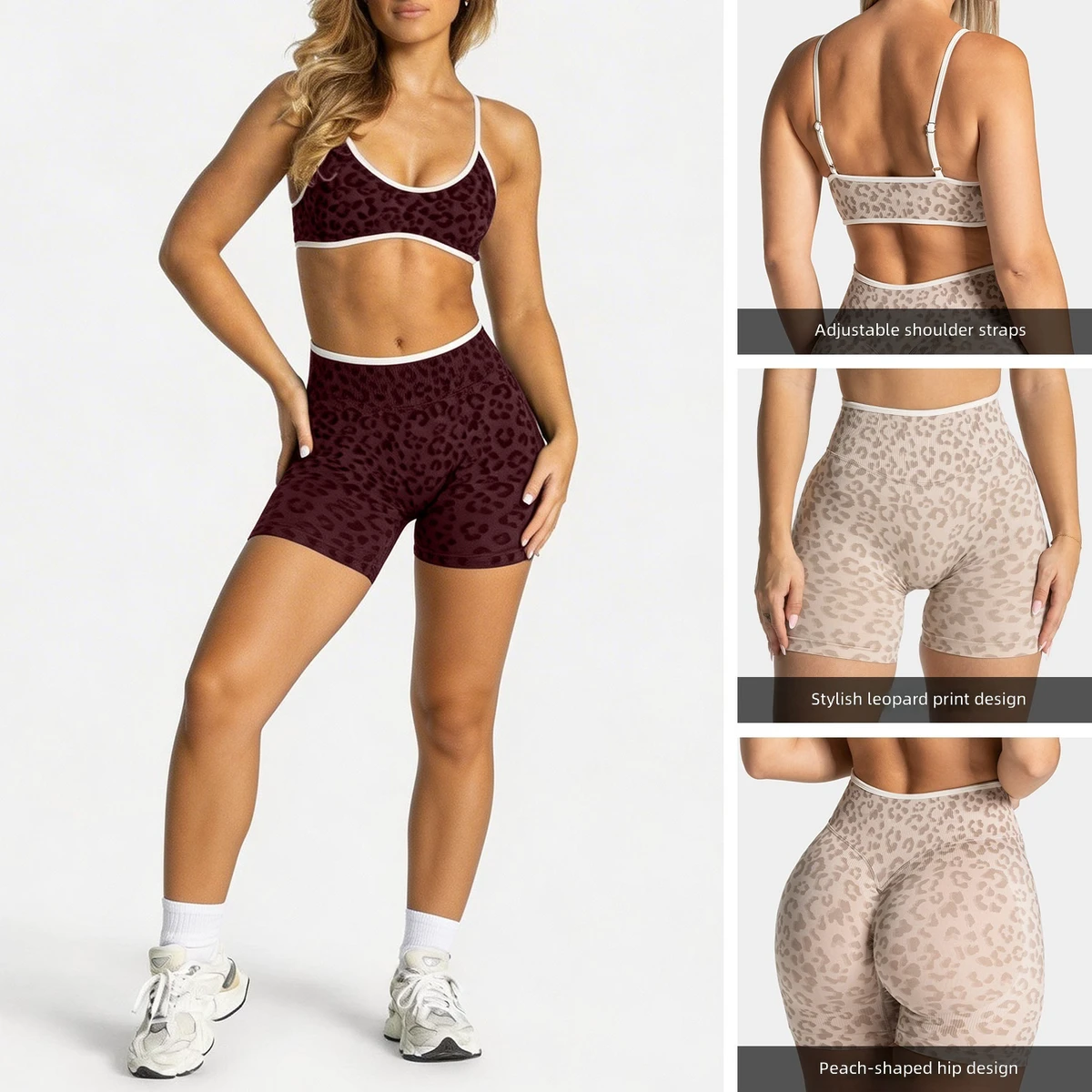 Women's Yoga Gym Sports Wear Cheetah Leopard Two-Piece Set Breathable High Waist Scrunch Butt Shorts Summer Clothing Ropa Mujer