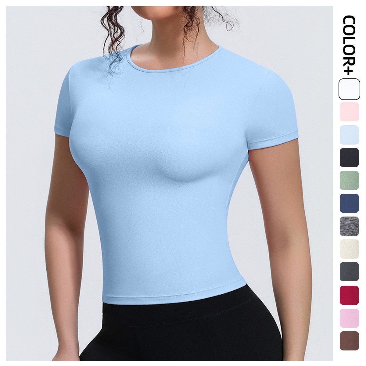 Cross-border New-style Spandex/Nylon Bare-feel Waist-cinching Slim-fit Short-sleeve Breathable Solid Yoga Top