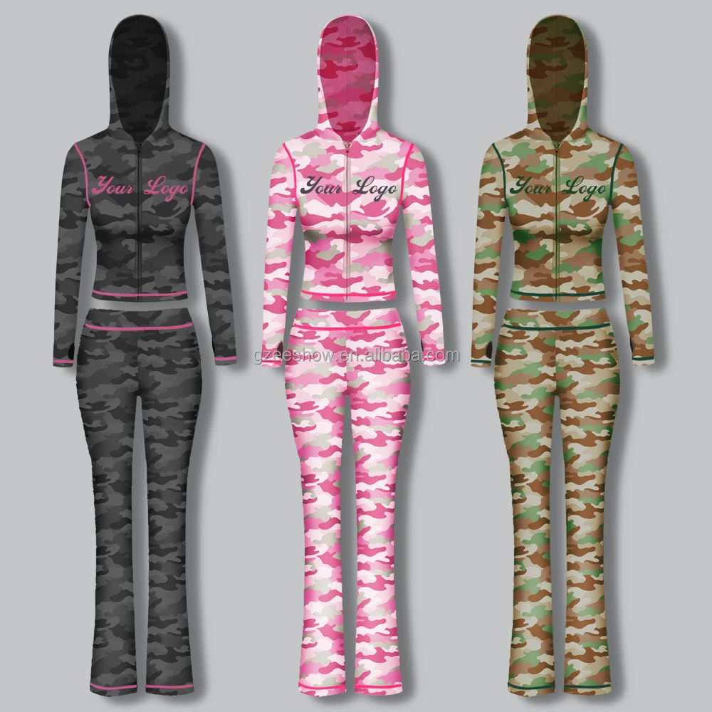 Women's Embroidered Custom Logo Pink Camouflage Zippered Hooded Sweatshirt Yoga Leggings Two-Piece Breathable Eco-Friendly