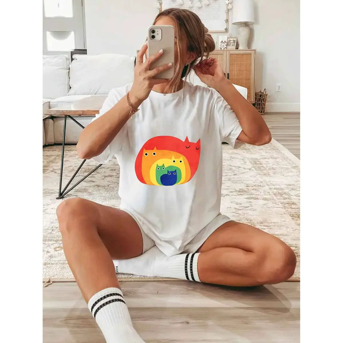 Plus-Size Women's Casual O-Neck Short Sleeve Knitted Spandex/Cotton Jersey T-Shirt Rainbow Cat Print Breathable Quick Dry for