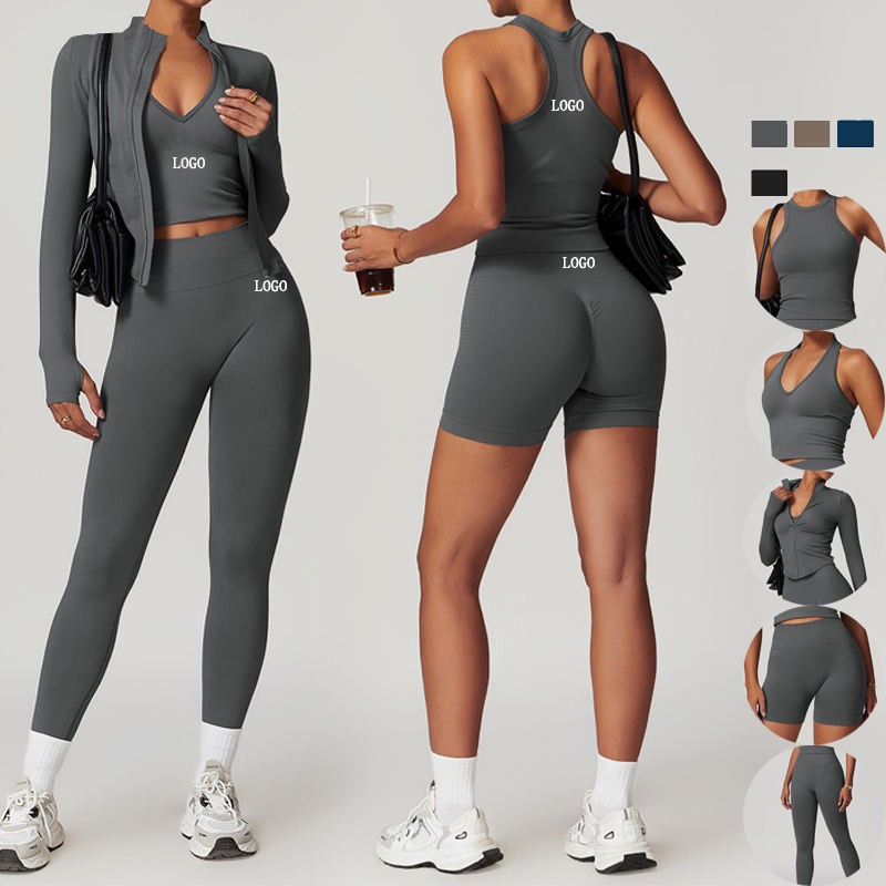 Popular Seamless Yoga Suit 5 Piece Sports Shirts Crop Top Leggings Gym Clothes Fitness Tracks