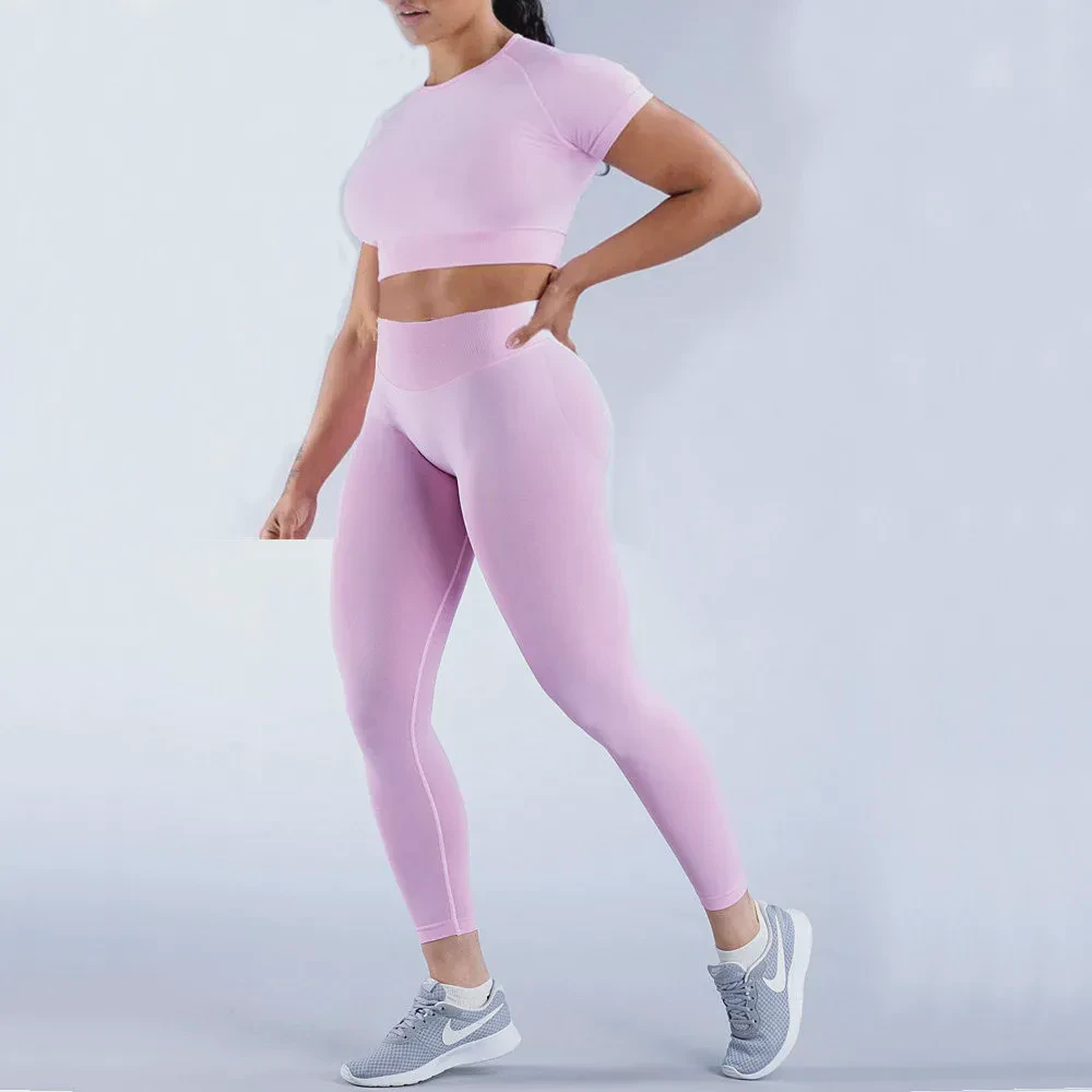 2 Pieces Seamless Yoga Set Women Workout Short Sleeve Sport Crop Top Scrunch Leggings Fitness Pants Tight Gym Suit