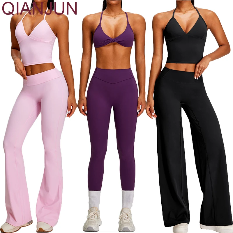 New Sexy Backless Sport Bra Workout Set for Women High Waist Flare Leggings Outfits Running Fitness Yoga Set