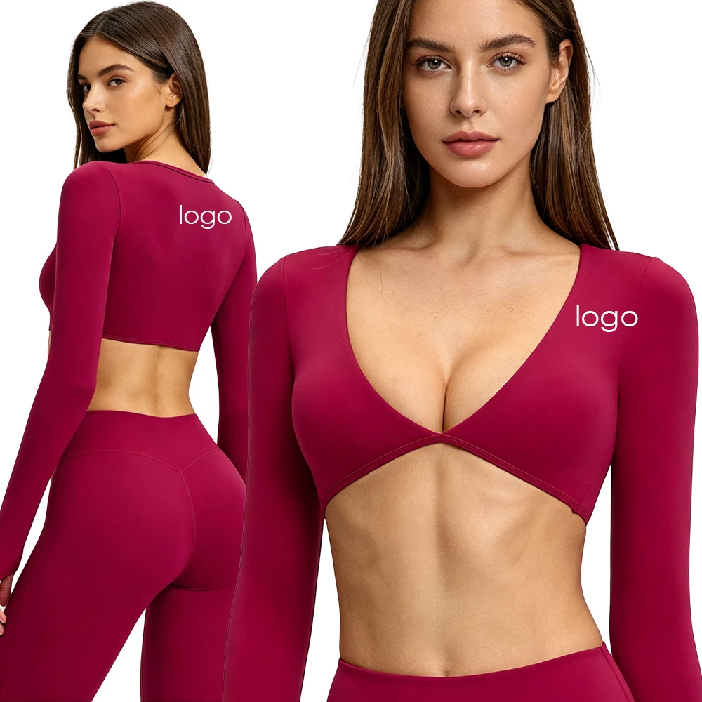 Yoga Long-Sleeve Scoop V-Neck Fashionable Cropped Sports Top for Outdoor Fitness Running T-Shirt for Sexy Cutout Workout Top