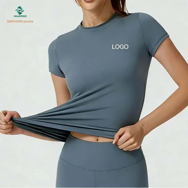 Wholesale Custom Women's Yoga Top Quick-Dry Breathable Slim Fit Short Sleeve Crew Neck Spandex/Nylon Four-Way Stretch