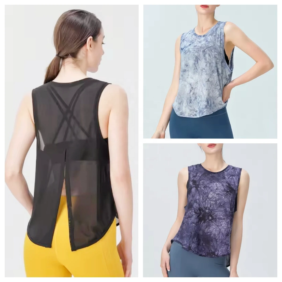 Spring Summer Daily Outfit Breathable Crew Neck Back Tie up Design Lightweight Womens Tie Dyed Sleeveless Gym Yoga Tank Top