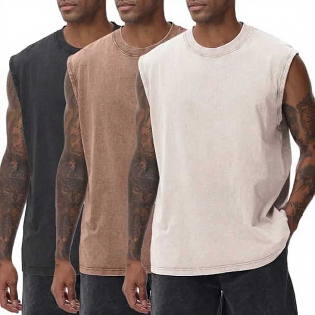 Men's Breathable 100% Cotton Workout Tank Tops Sleeveless Muscle Shirts Gym Acid Wash Running Beach Loose Fit Tee with Button