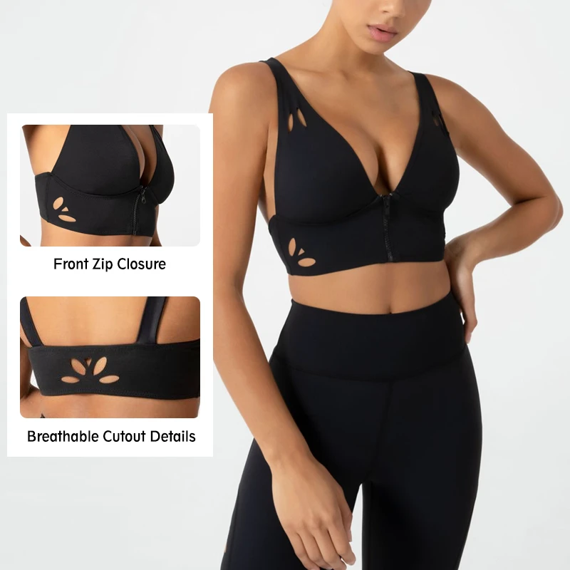 OEM ODM Gym Clothing Women Activewear Deep Plunge Laser Cut Zipper Sports Bra Plain Yoga Bra Backless Crop Sports Bra