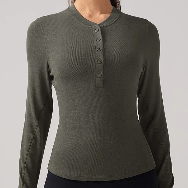 Wholesale High Quality Sports Fitness Yoga Wear Knitted Shirts Henley Long Sleeve Shirt Gym Tops for Women