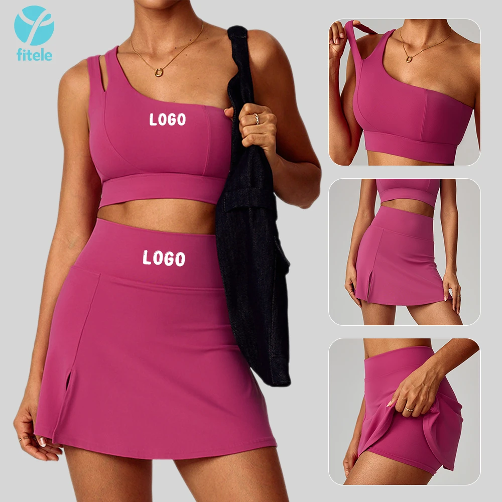 Fitele Custom High Quality Nude Tennis Skirts Suit High Waist Yoga Wear Women Anti-Exposure Running Fitness Workout Skirts Set