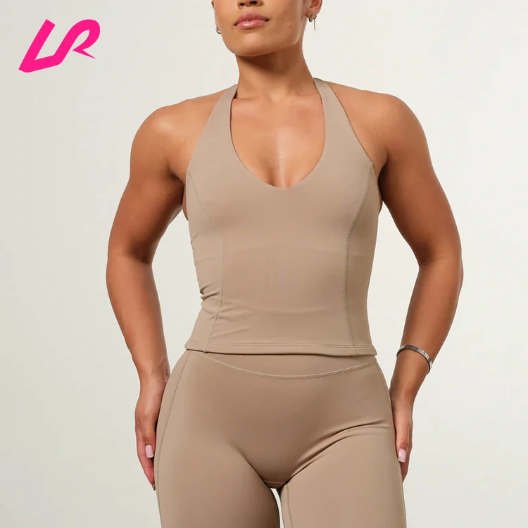 Best Seller Quick Dry Polyester Sportswear Custom Yoga Wear Breathable Fitness Crop Top Women Tight Halter V Neck Tank Top