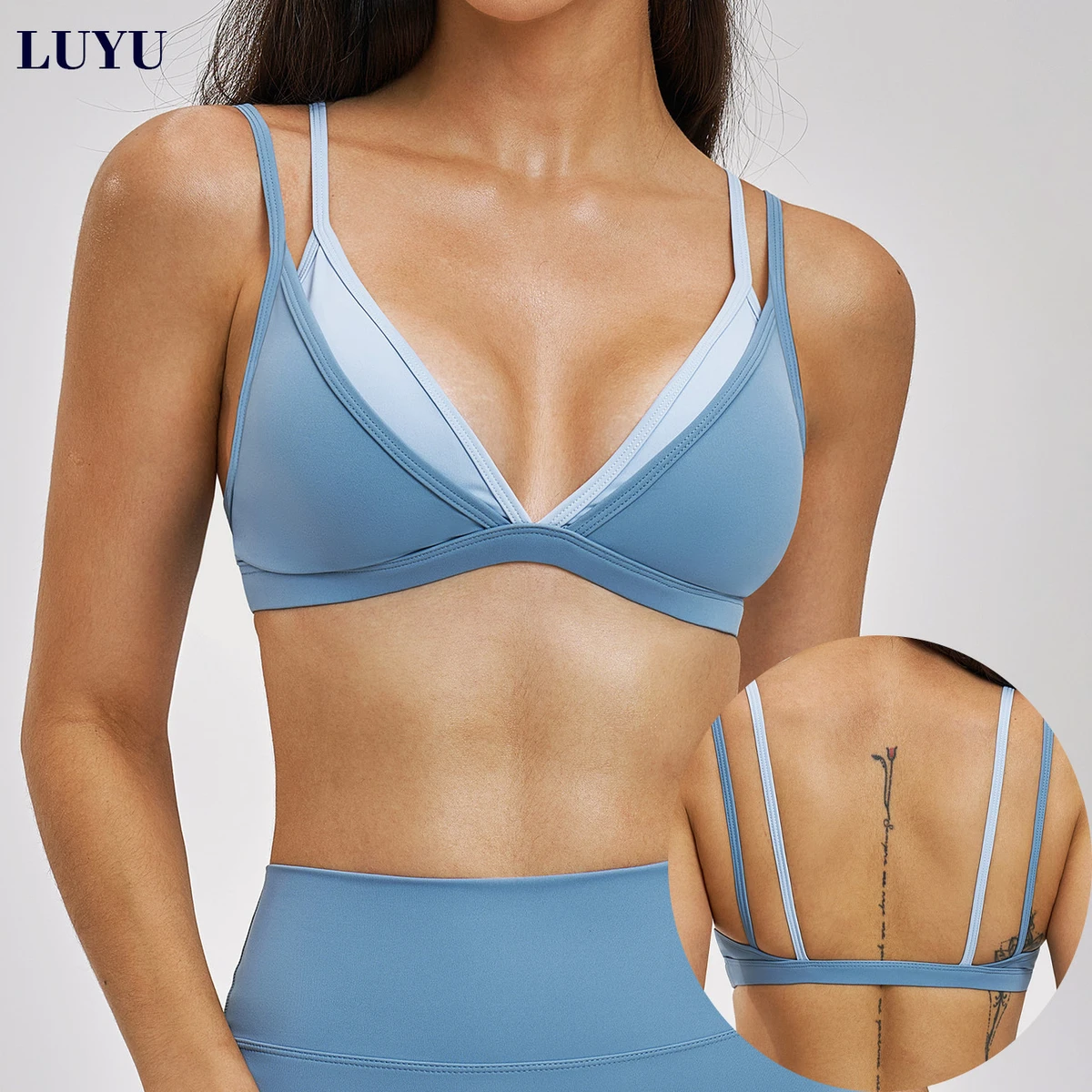 OEM Color Blocking Naked Feel 2 in 1 Women Workout Deep V-neck Double Straps Sports Bra Pilates Training Bras