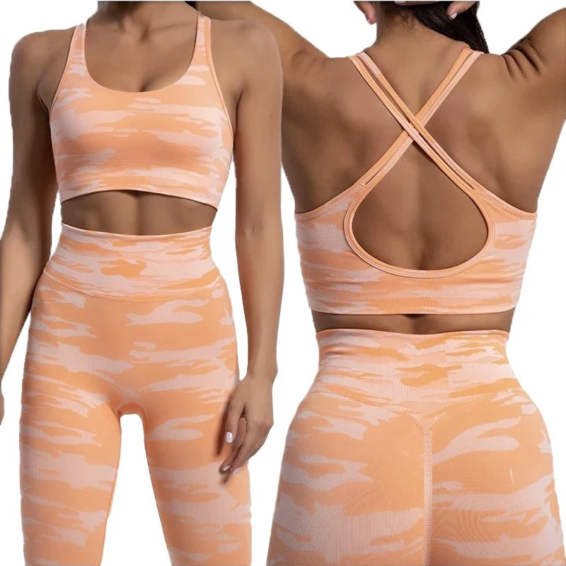 Women Fitness Workout Clothing Set 2 Pieces Camo GYM Outfits Seamless Scrunch Yoga Pants With Cross Back Stretch Sports Bra