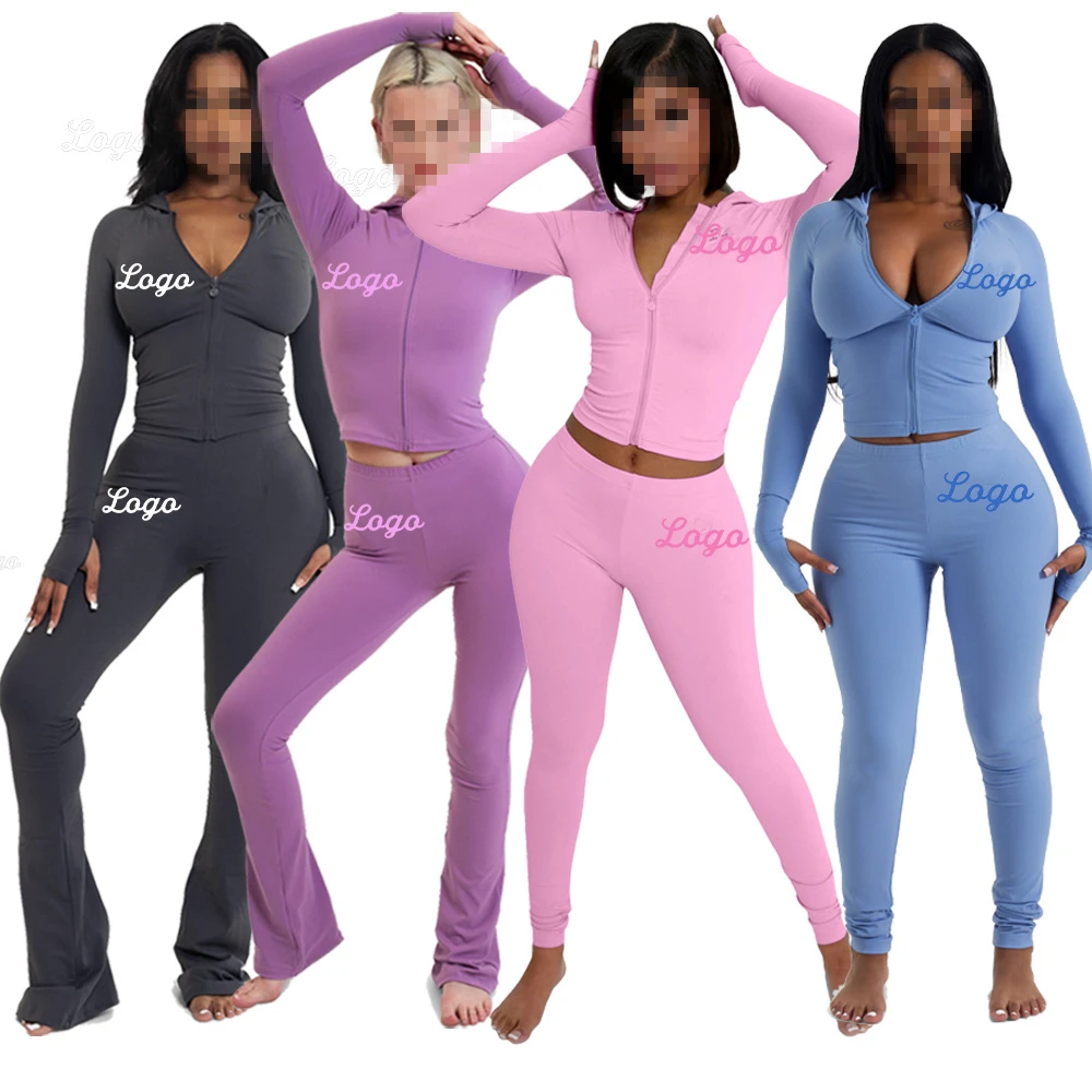Custom logo Women Set 2 Piece Outfits Basics Hoodie and Flare Pants Zip Jacket Skinny Fitness Pants Jogging Leggings Yoga Suits