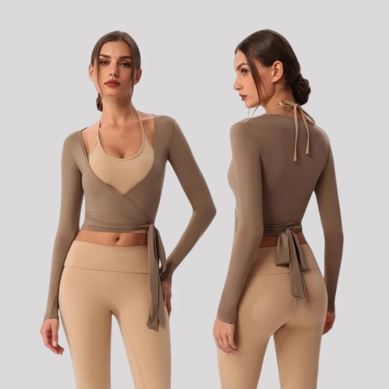 2026 Women Tie Front Yoga Top Long Sleeve Wrap Skinny Fit V-neck Custom Gym Fitness Crop Top Active Pilates Wear