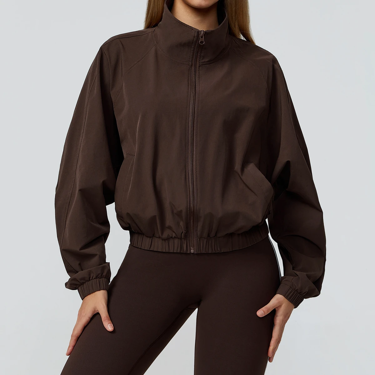Quick-drying Polyester Stand-up Collar Sports Coat for Unisex with Drawstring Outdoor Running Fitness Long-sleeved Yoga Wear