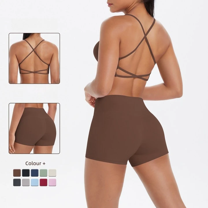 Support Custom Logo New Sports Bra Set Women Cross Back Padded Bra High Waist Butt Lifting Shorts Yoga Gym Running Activewear