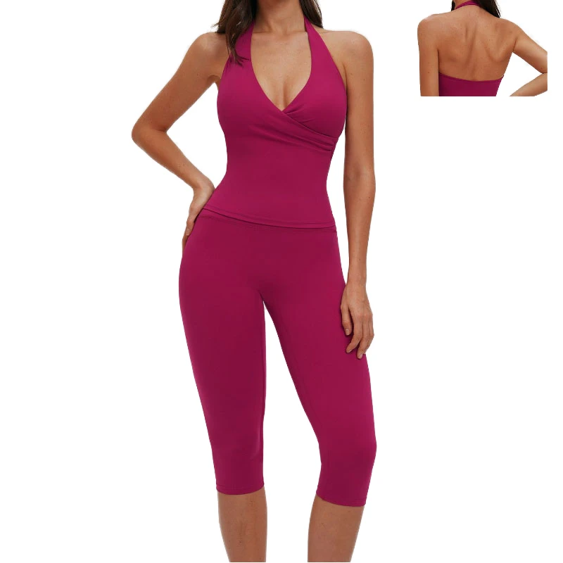 Wholesale Gym Fitness Capri Sets Ladies Solid Breathable Eco-Friendly Four-Way Stretch V-Neck Yoga Tank Top Bra Short Leggings