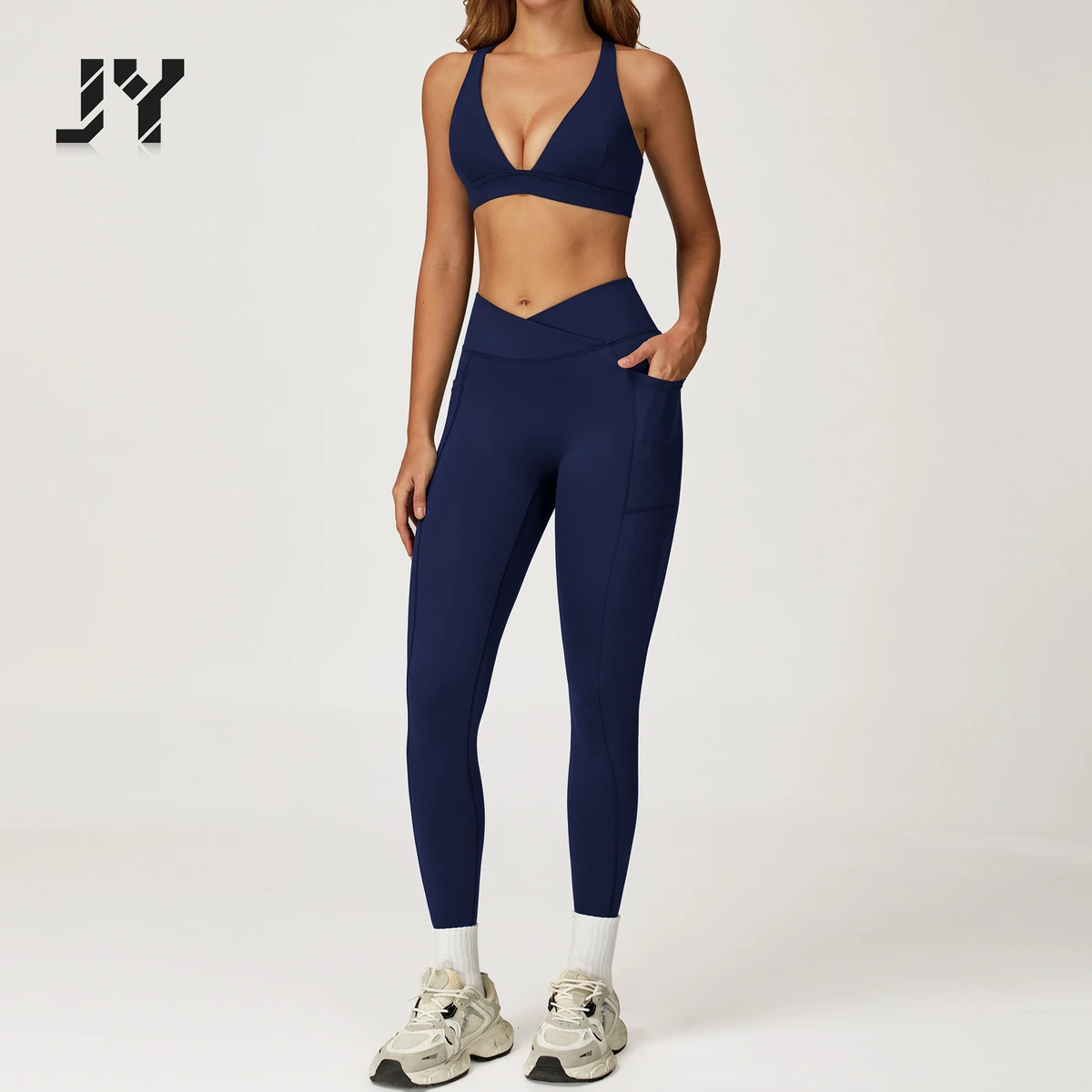 JY High Aesthetic Outdoor Running Solid Color Sports Set Quick Drying and High Elasticity Side Pocket Women's Yoga Two-piece Set