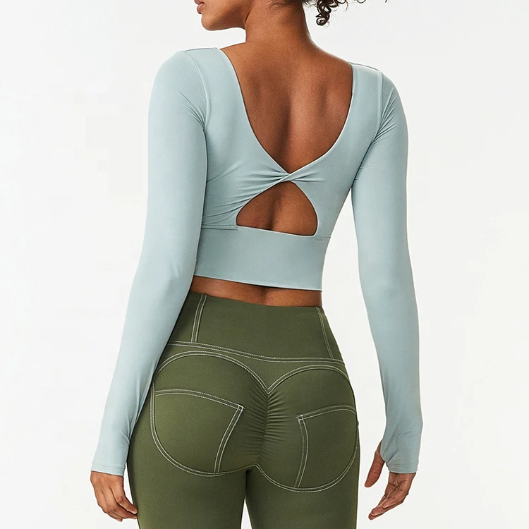Wholesale Custom Sexy Fitness Girls Apparel Women High Waist Long Sleeve Crop Top Yoga Workout Sport T Shirt